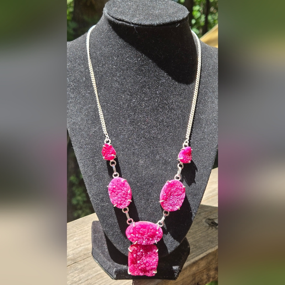 Fuschia Pink Sterling Druzy Crystal Necklace 20" - Picture 3 of 6
